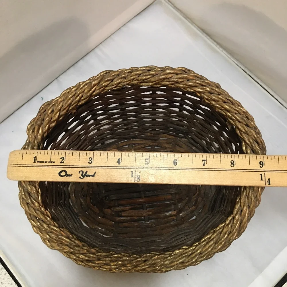 Wicker Storage Basket Unisex OS Brown Gold Trim Oval Woven Decor Cottagecore